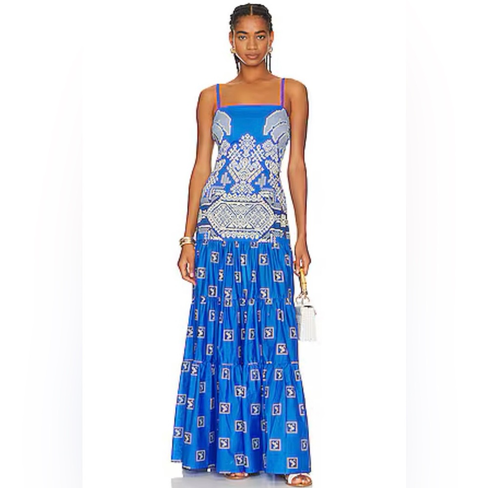 Johanna Ortiz Royal Blue Maxi Dress with White Patterns
